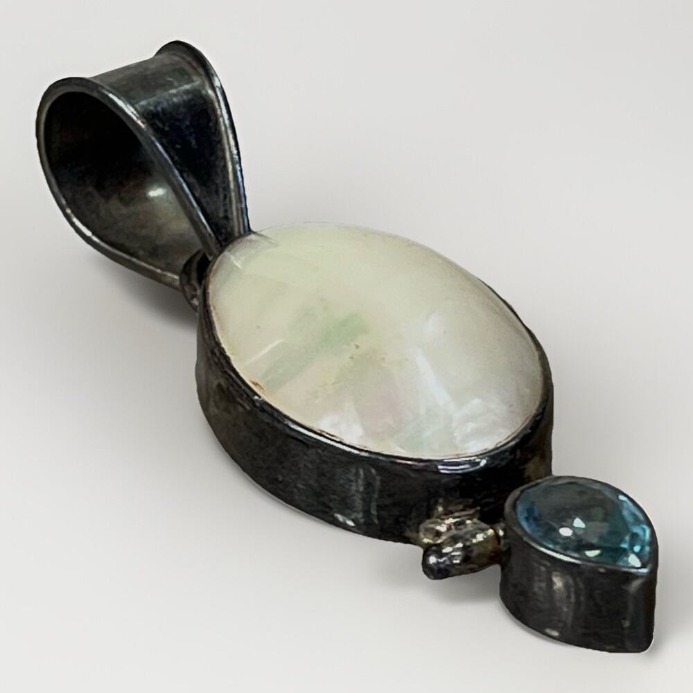Sterling Silver Cabochon Mother of Pearl and Blue Topaz Drop Pendant - Vintage